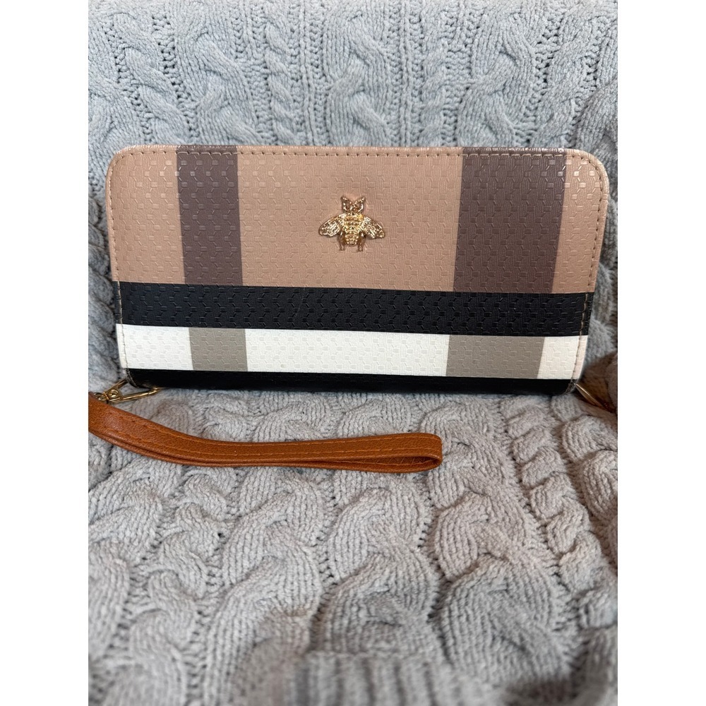 Iconic Designer Inspired Bee Emblem Stripe Zip‎ Around Wallet Wristlet